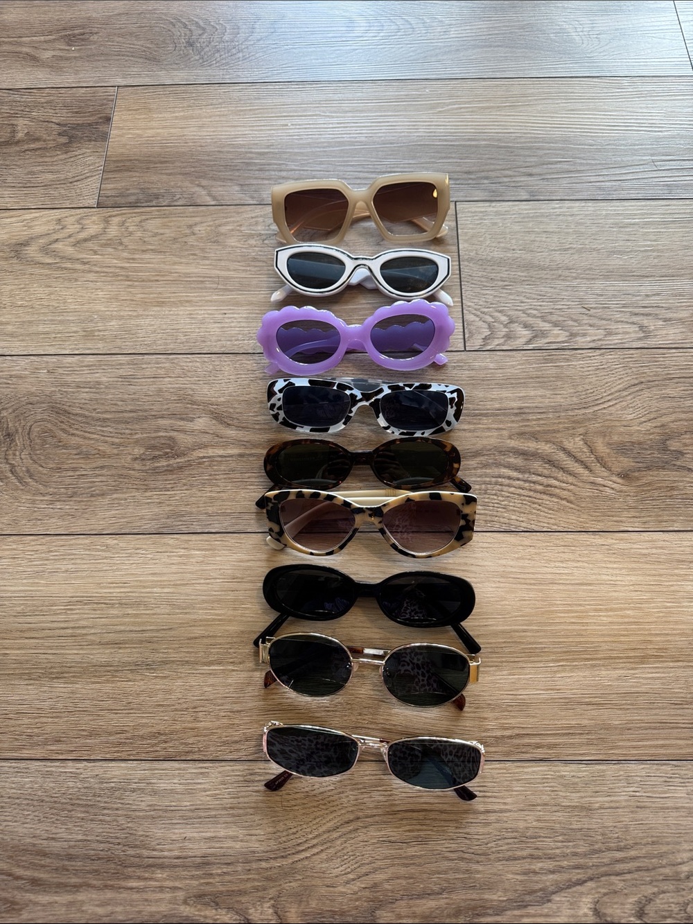 9 pairs of Sunglasses Assorted Colors Pack - Purple, Tan, Black, White, Leopard